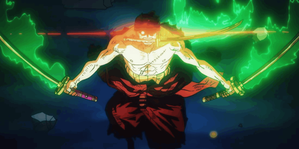 Zoro wielding three swords in One Piece