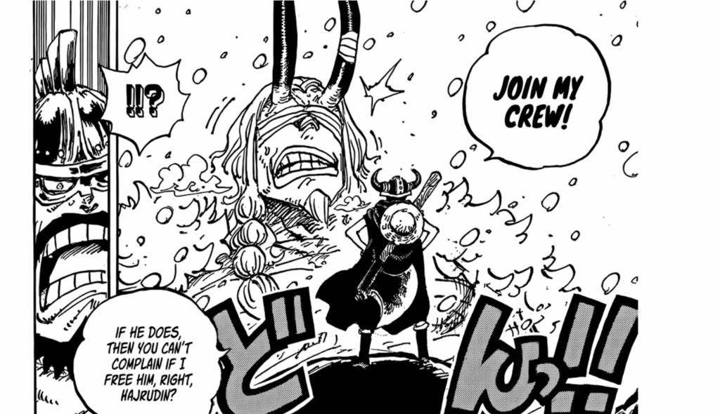 Luffy in Gear 5 asking Loki to join his crew