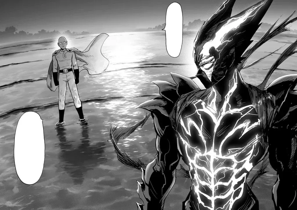 Saitama confronting evolved Garou in One Punch Man