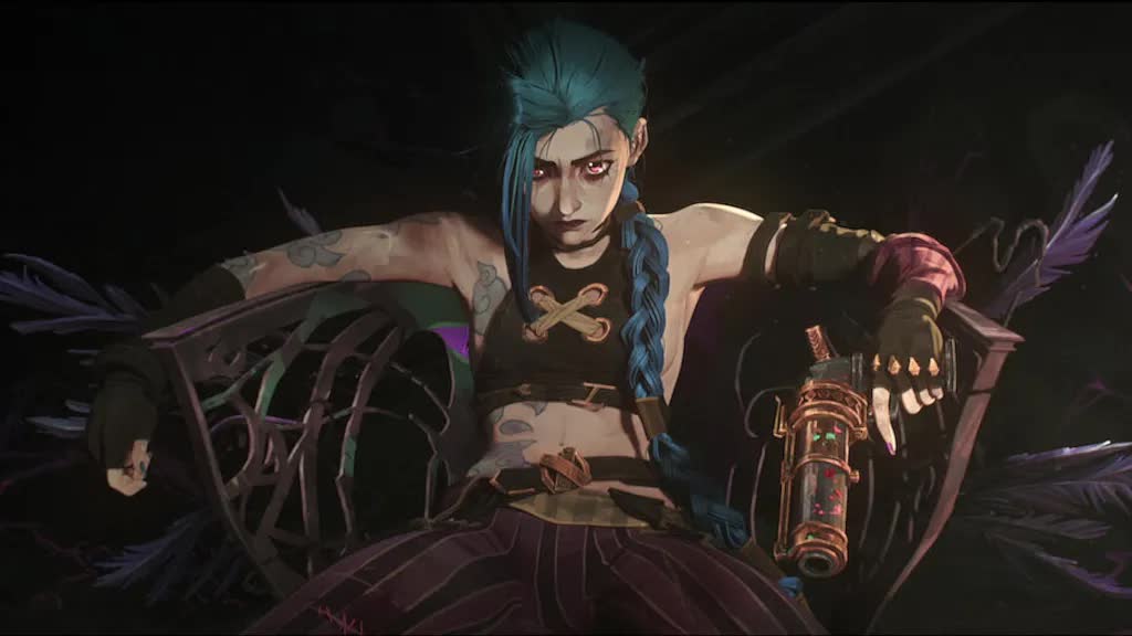 Jinx sitting on her chair in Arcane