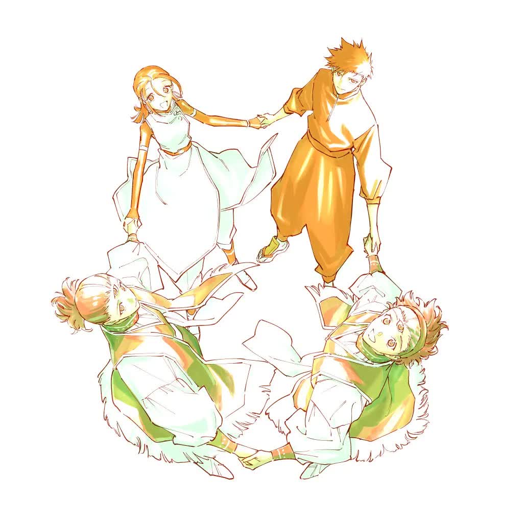 Jujutsu Kaisen Modulo characters Yuka, Maru, Tsurugi, and Cross holding hands