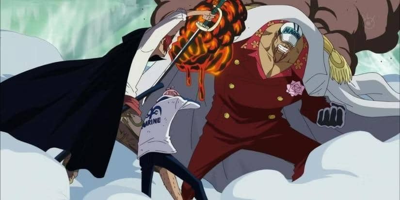 Shanks blocking Akainu's magma fist