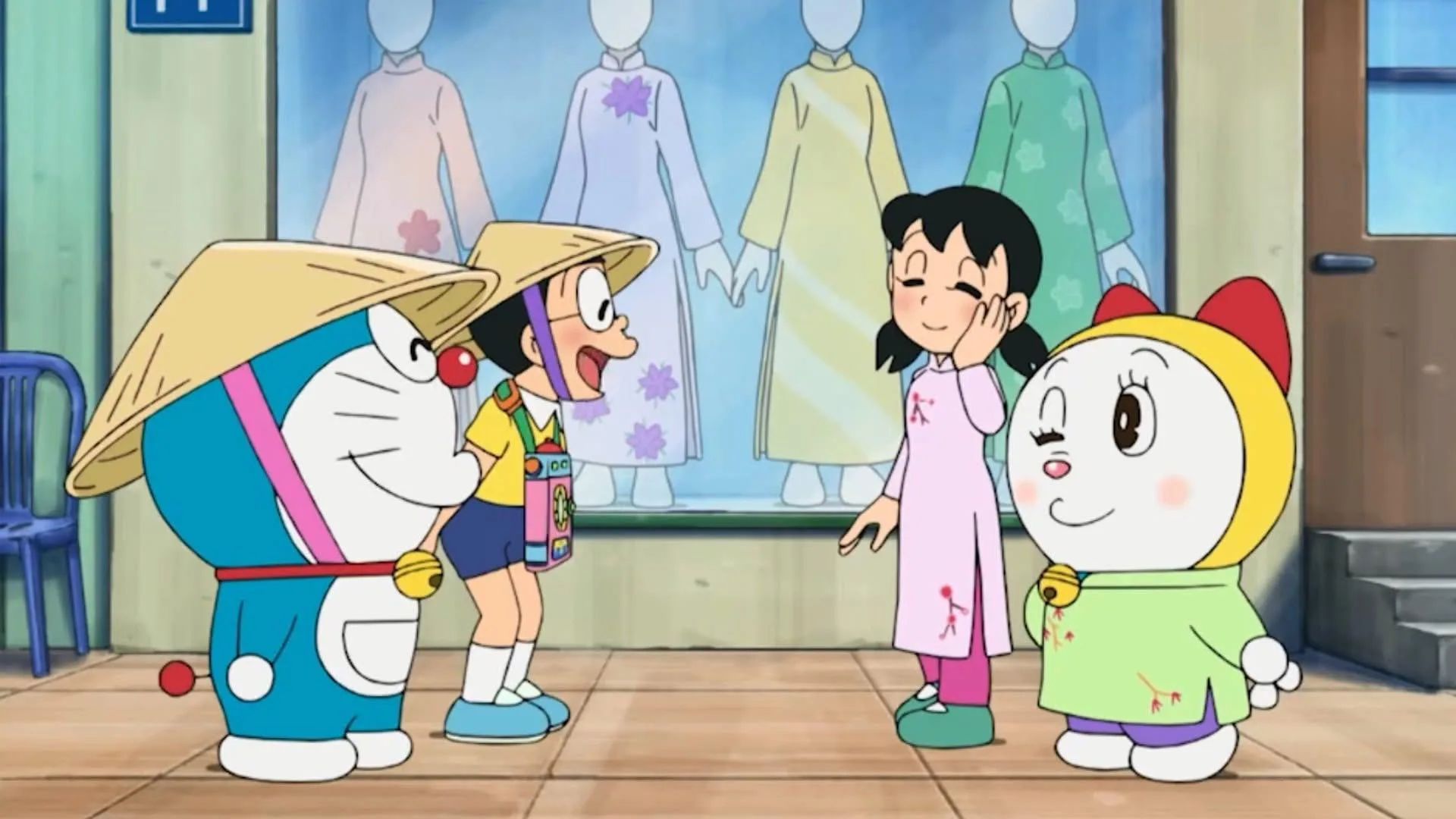 Shizuka in ao dai, Doraemon wearing conical hat