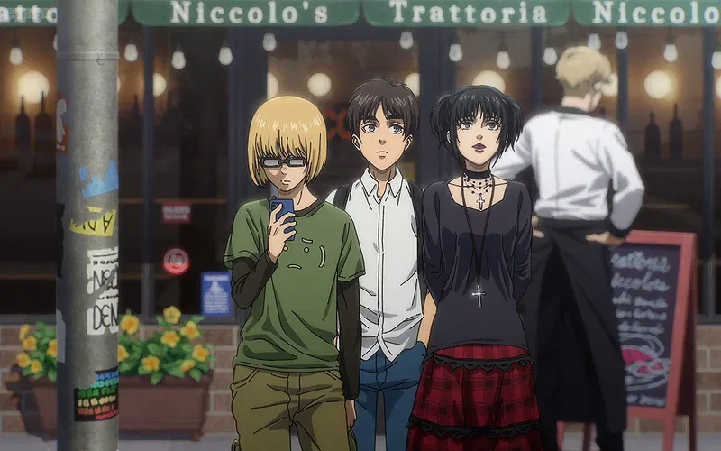 Eren, Mikasa, and Armin discuss the movie