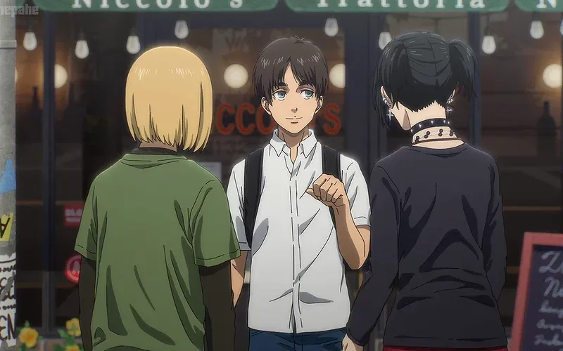 Eren, Mikasa, and Armin watching a movie