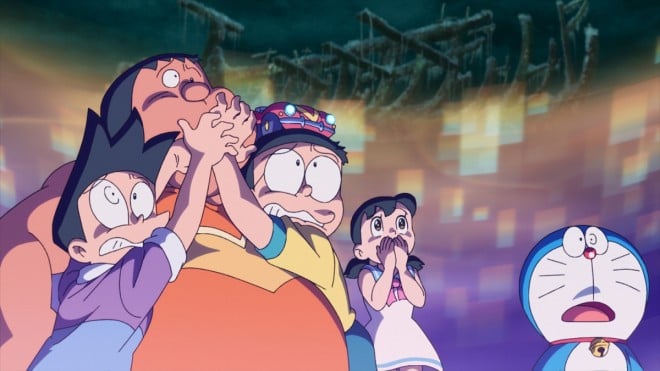 Nobita bravely facing a giant octopus