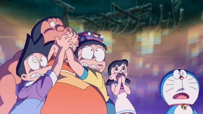 Nobita bravely facing a giant octopus