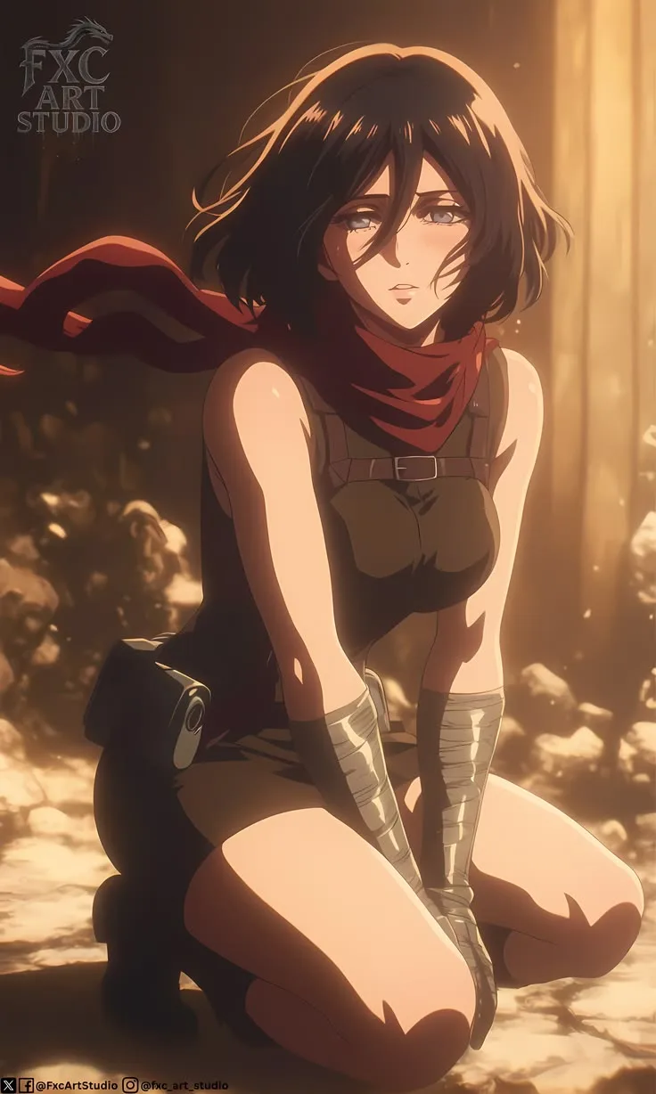 AI depiction of Mikasa Ackerman's fierce look