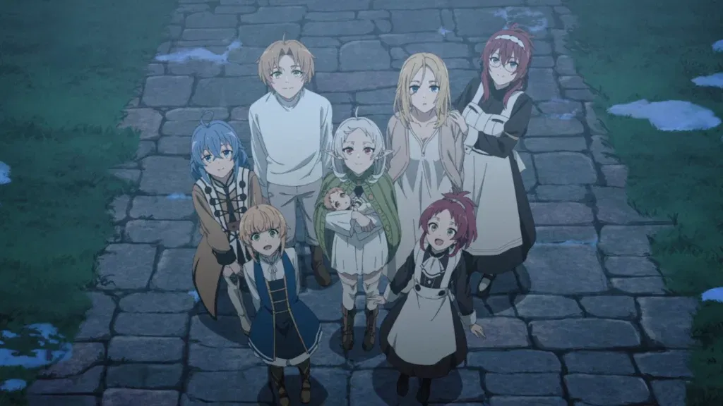 Rudeus with Sylphie, Roxy, and Eris