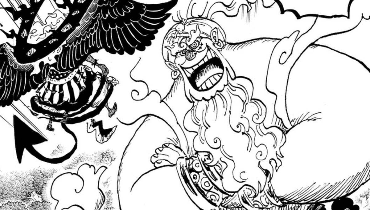 Luffy in Gear 5 Genie form facing Imu